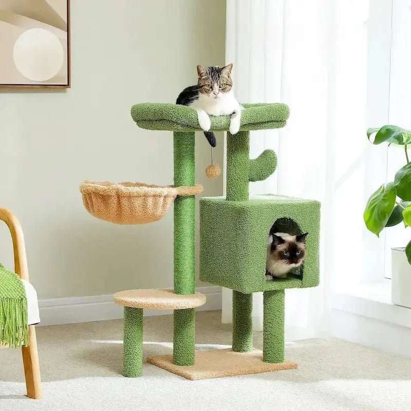 Arbre à chat 90 cm Chatikoo cactus vert avec hamac, niche et chat au sommet