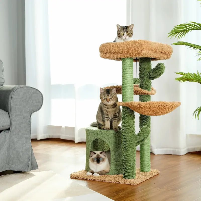 Arbre à chat cactus avec griffoir FeliNest, chats sur le perchoir, la plateforme et dans la niche