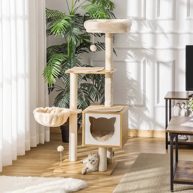 Arbre à chat en bois avec hamac PawNest, niche tête de chat et chaton au pied de l'arbre