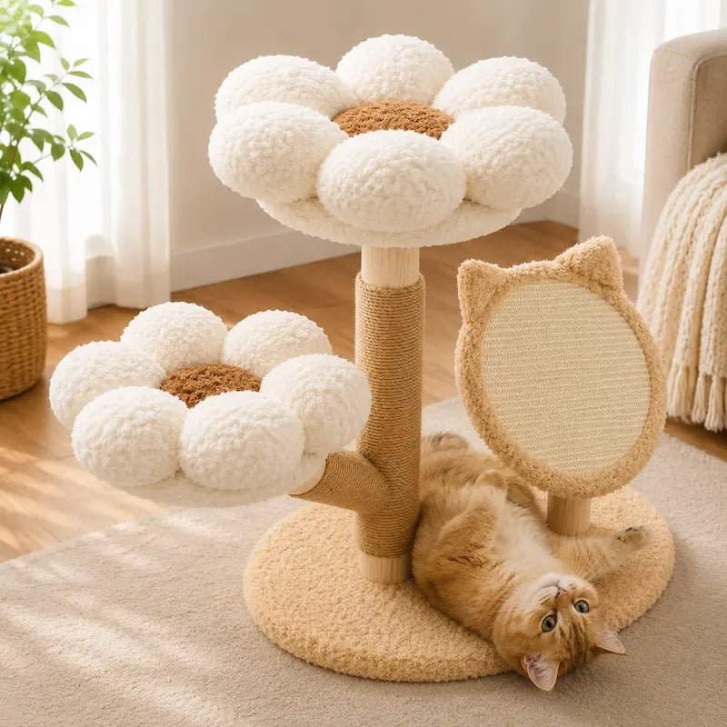 Arbre à chat floral en bois massif FloraNest crème, avec deux perchoirs fleur et griffoir oreilles de chat