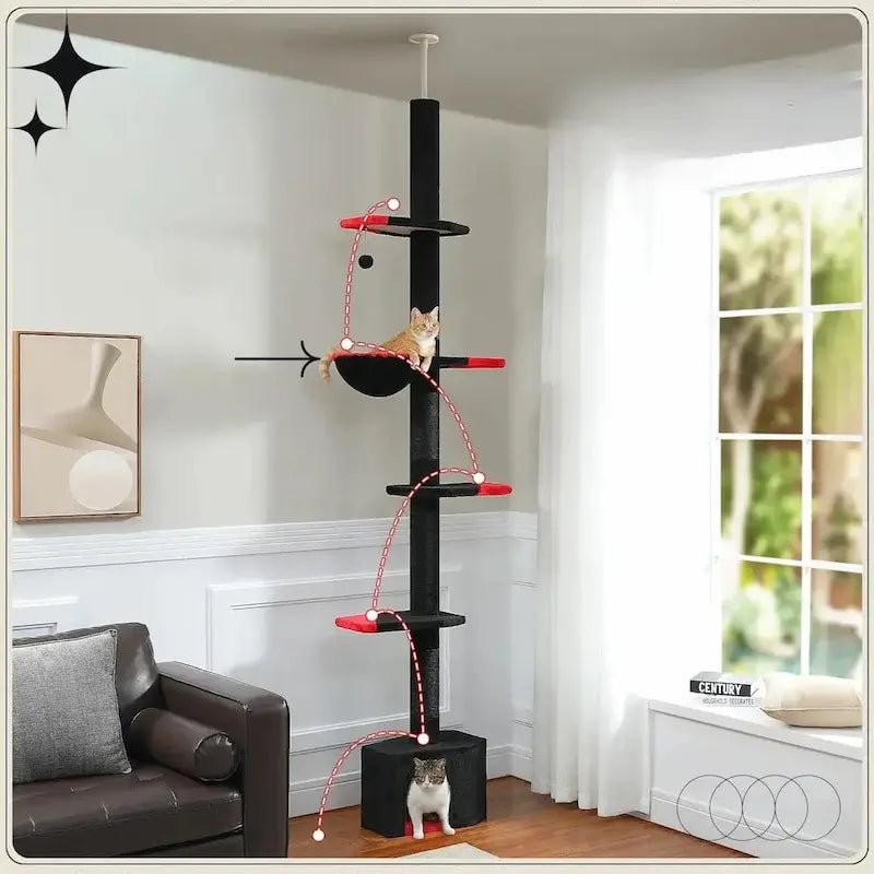 Arbre à chat gothique Felinoir noir et rouge du sol au plafond dans un salon