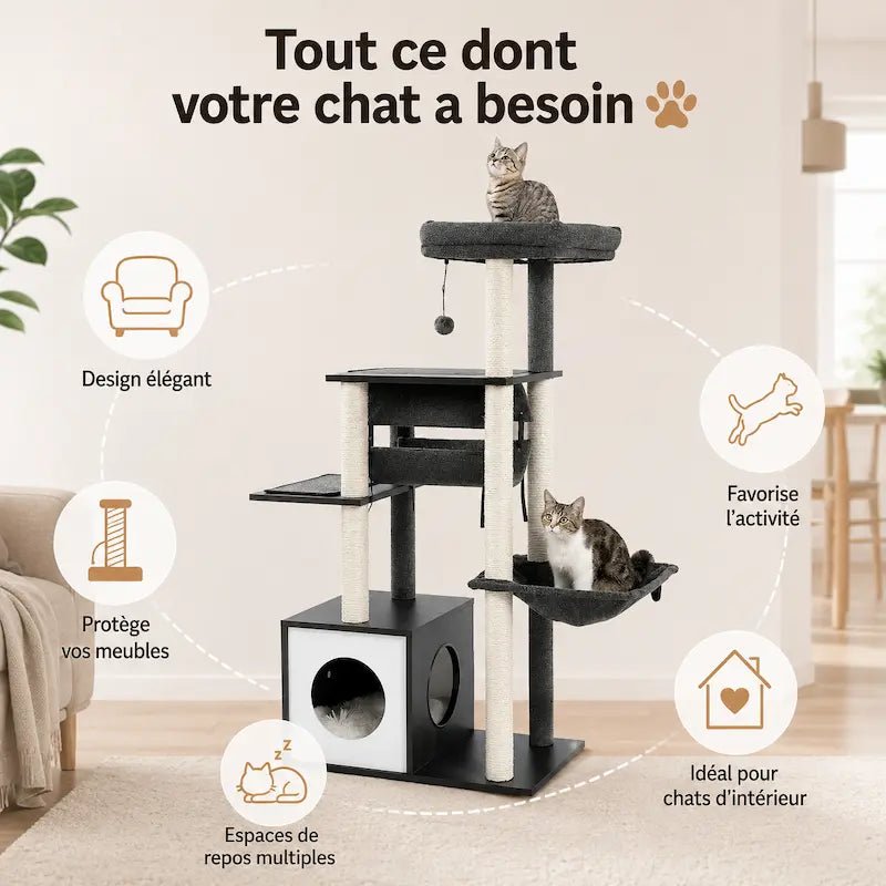 Arbre à chat moderne en bois multi-niveaux – Confort & escalade | CatHaven