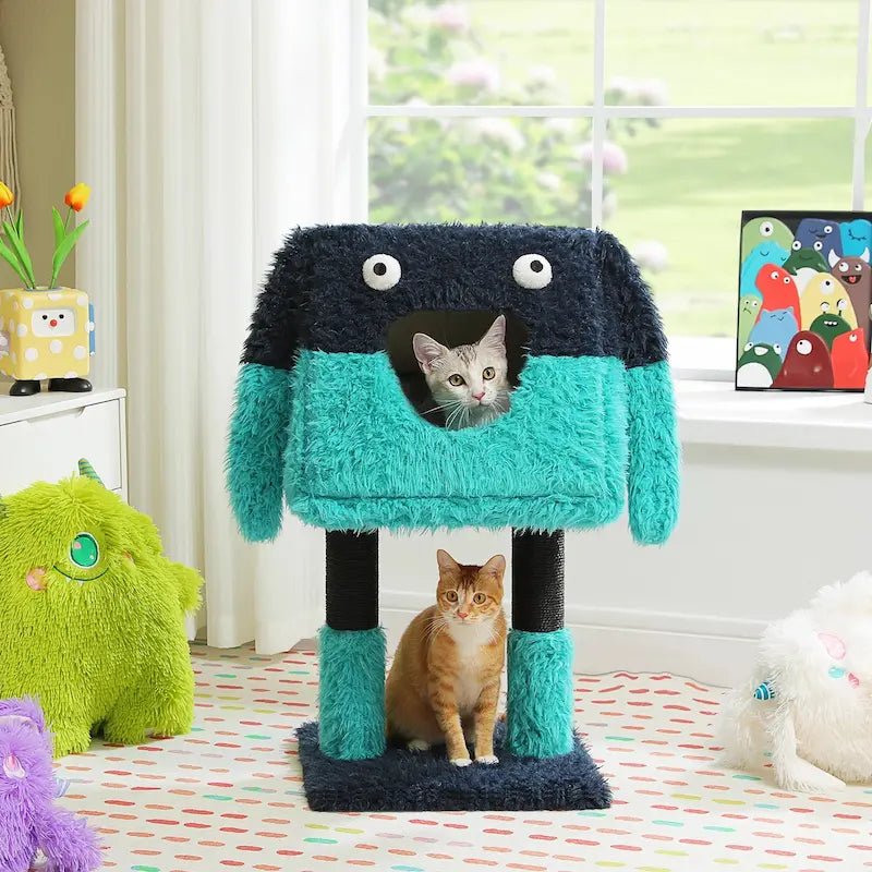 Arbre à chat Monster MonsterCat bleu en forme de petit monstre, deux chats dans et sous la niche
