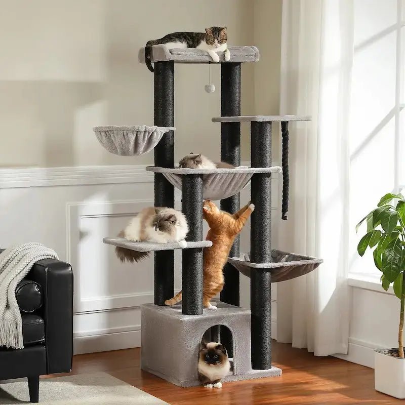 Arbre à chat multi plateforme 7 niveaux CatTower+ gris et noir avec nombreux chats