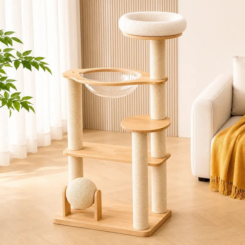Arbre à chat scandinave NekoHome en bois clair avec panier, capsule transparente et boule en sisal