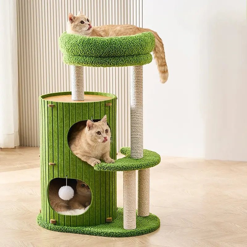 Arbre à chat tronc d'arbre Luna vert avec chat dans la niche et chat roux au sommet