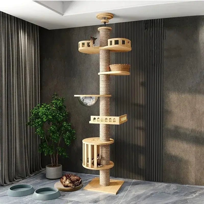 Arbre à chat XXL bois naturel NativaCat du sol au plafond avec poteau en corde et plateformes