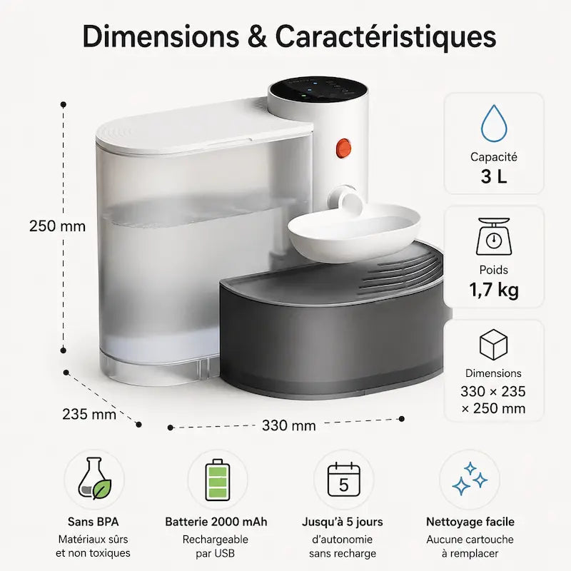 Fontaine à eau chat sans filtre - 3L & autonomie sans recharge | HydriCat