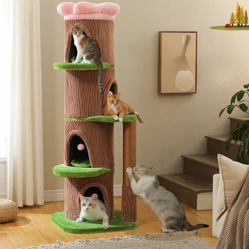 Grand arbre à chat 4 condos RoyalTree en forme de tronc, avec plusieurs chats
