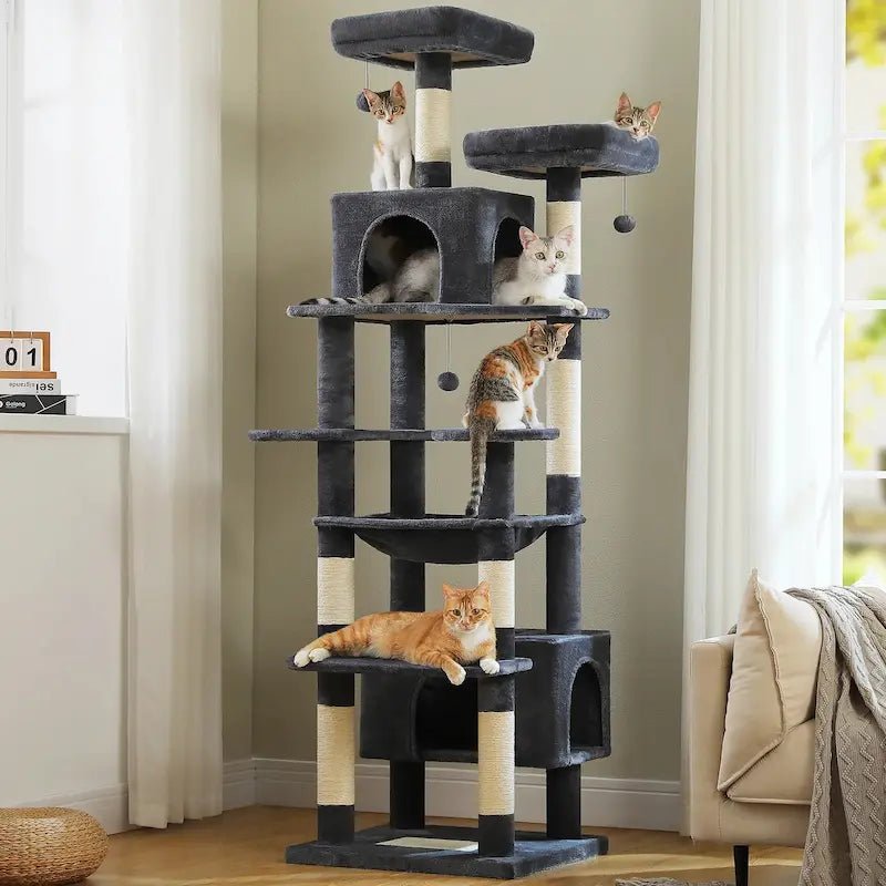 Grand arbre à chat multi-niveaux AltoPurr gris foncé avec condos, hamac et nombreux chats