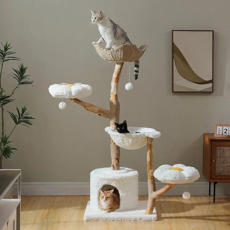 Grande tour arbre à chat BloomCat en bois flotté avec panier en osier, perchoirs fleur et niche