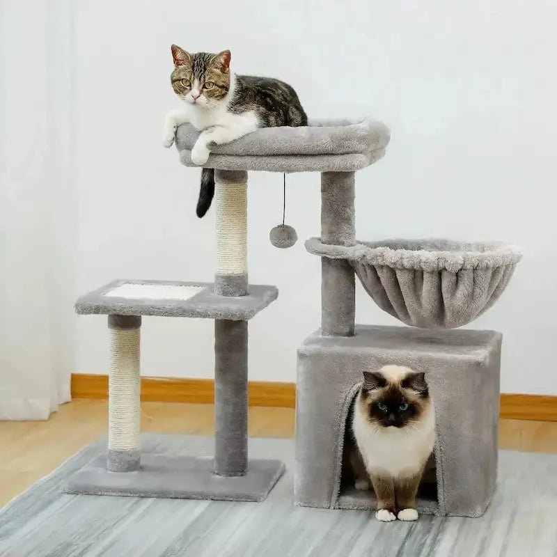 Petit arbre à chat Minikitty gris avec hamac, niche et chat sur le perchoir